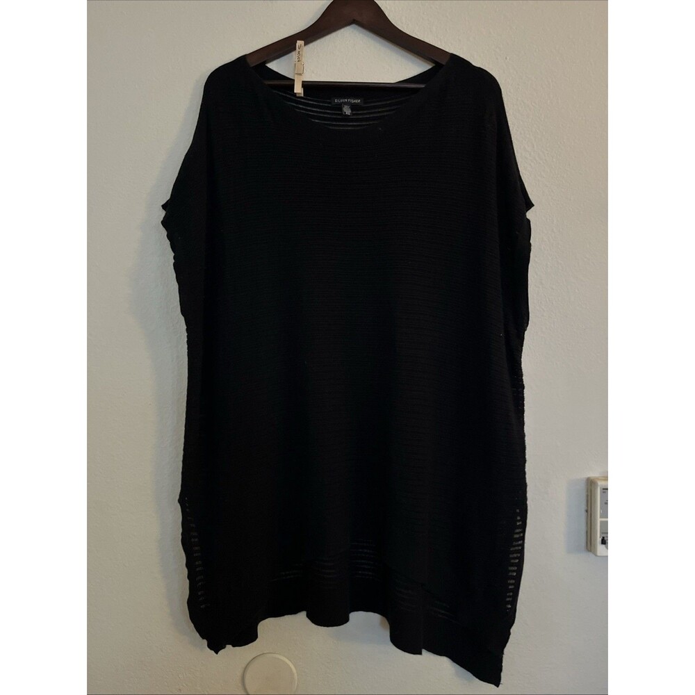 Eileen Fisher Black Knit Striped Round Neck Organic Cotton Blend Tunic Top S/M